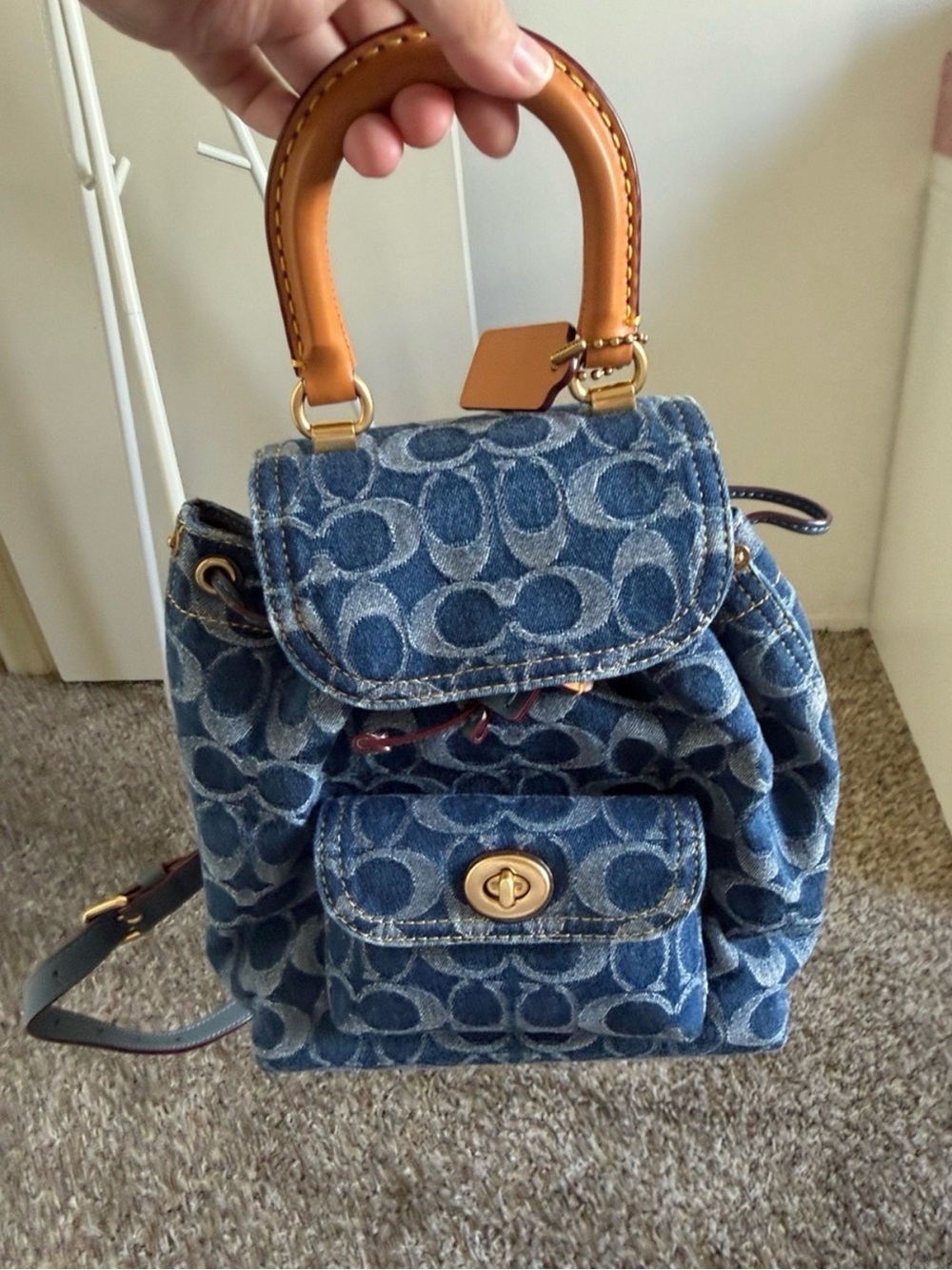 Coach Blue Denim Signature Mini Backpack with Tan Leather Handle